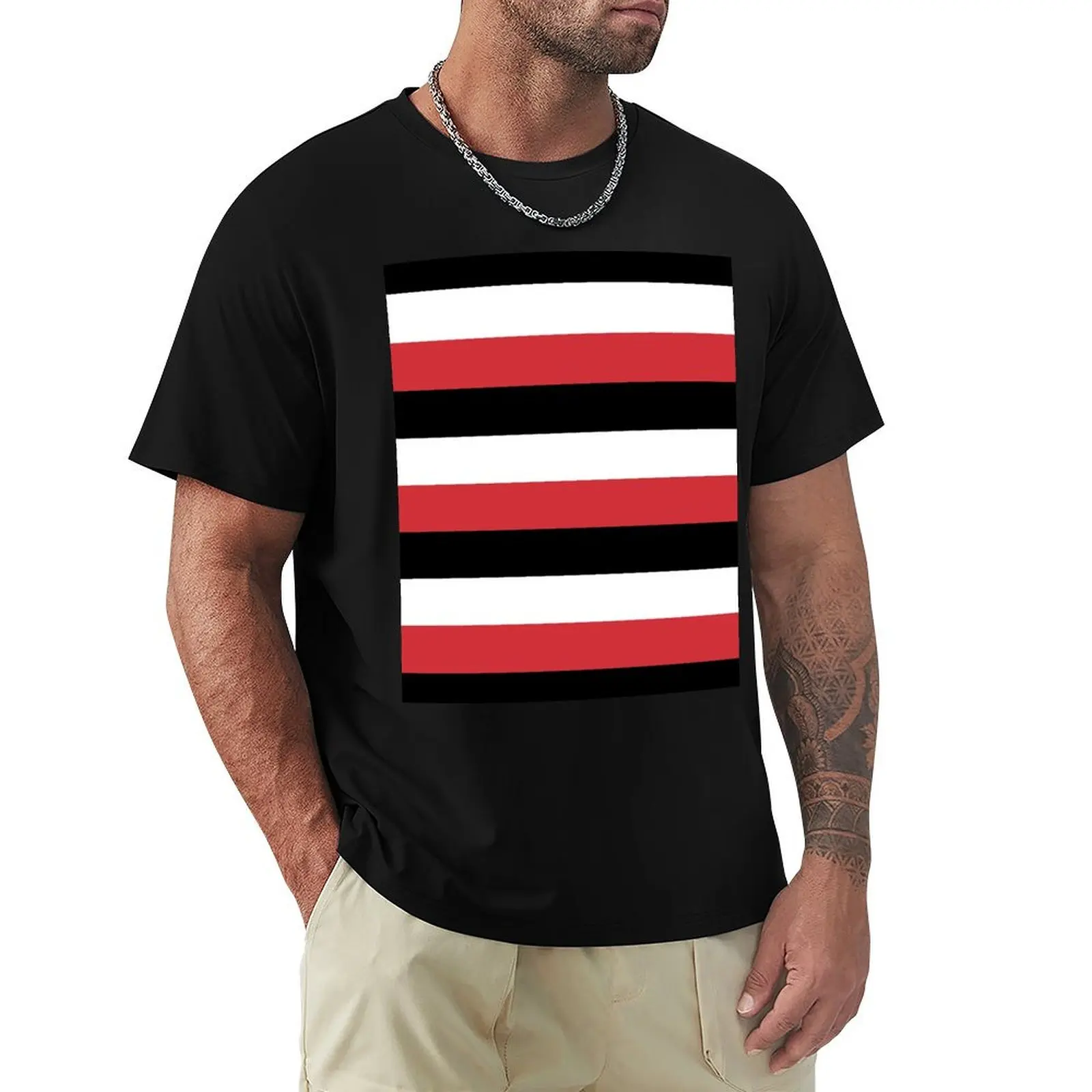 3 camisetas de hombre con rayas horizontales grandes en rojo, negro y blanco, 100 % algodón.