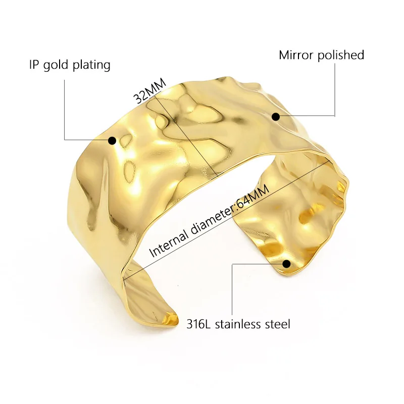 INS Style Concave Convex Bangle Fashion Hiphop Cuff Bracelet Wide Stainless Steel Chain With Real 18k Gold Plating