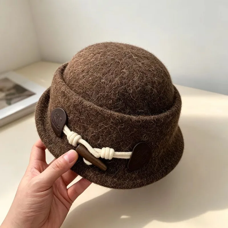 Winter Retro Horn-Button Knit Bucket Hat for Women,Korean Ins Rolled-Brim Fisherman's Hat, Warm Holiday Hat,Ladies' Headwear