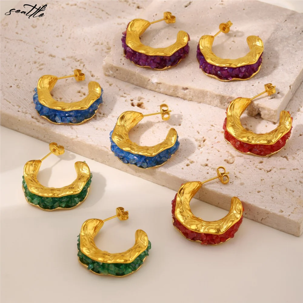 

Fashion Colorful Crystal C-shaped Earrings For Women Stainless Steel Gold-plated Luxury Earrings Female Bohemia Jewelry Gifts
