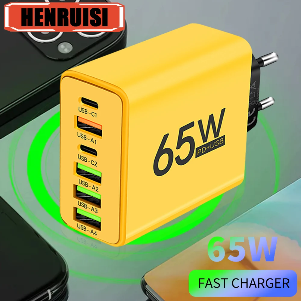 65W USB Charger 6 Port PD Type C Fast Charging Adapter For iPhone 13 14 15 Samsung Xiaomi Huawei Mobile Phone Wall Quick Charger