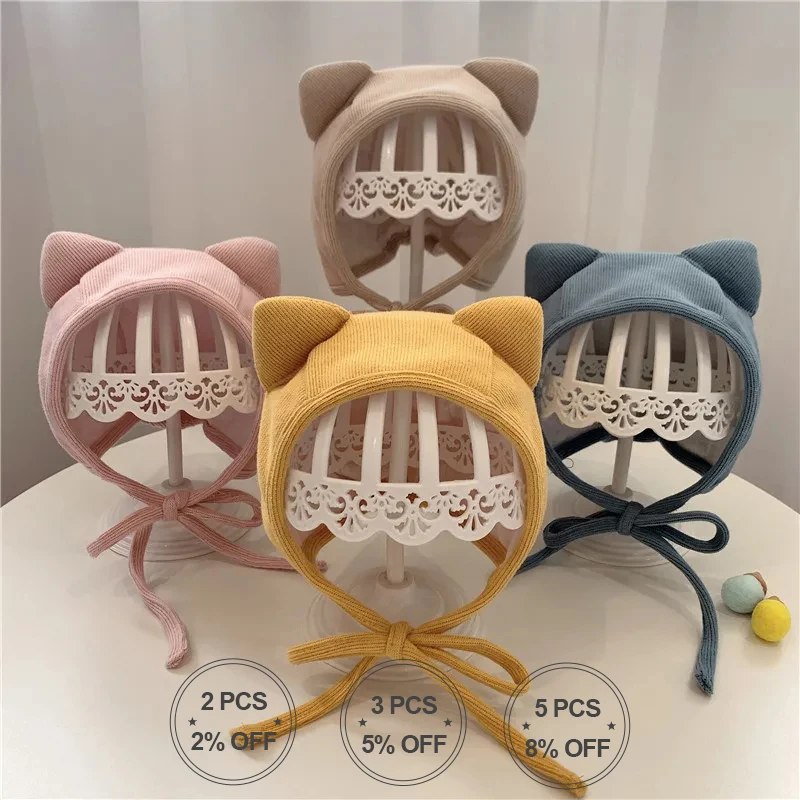 Baby Hat Cartoon Cute Cat Ear Autumn Winter Soft Baby Boy Girl Cap Ear Protection Hats Solid Color Infant Lace up Windproof Caps