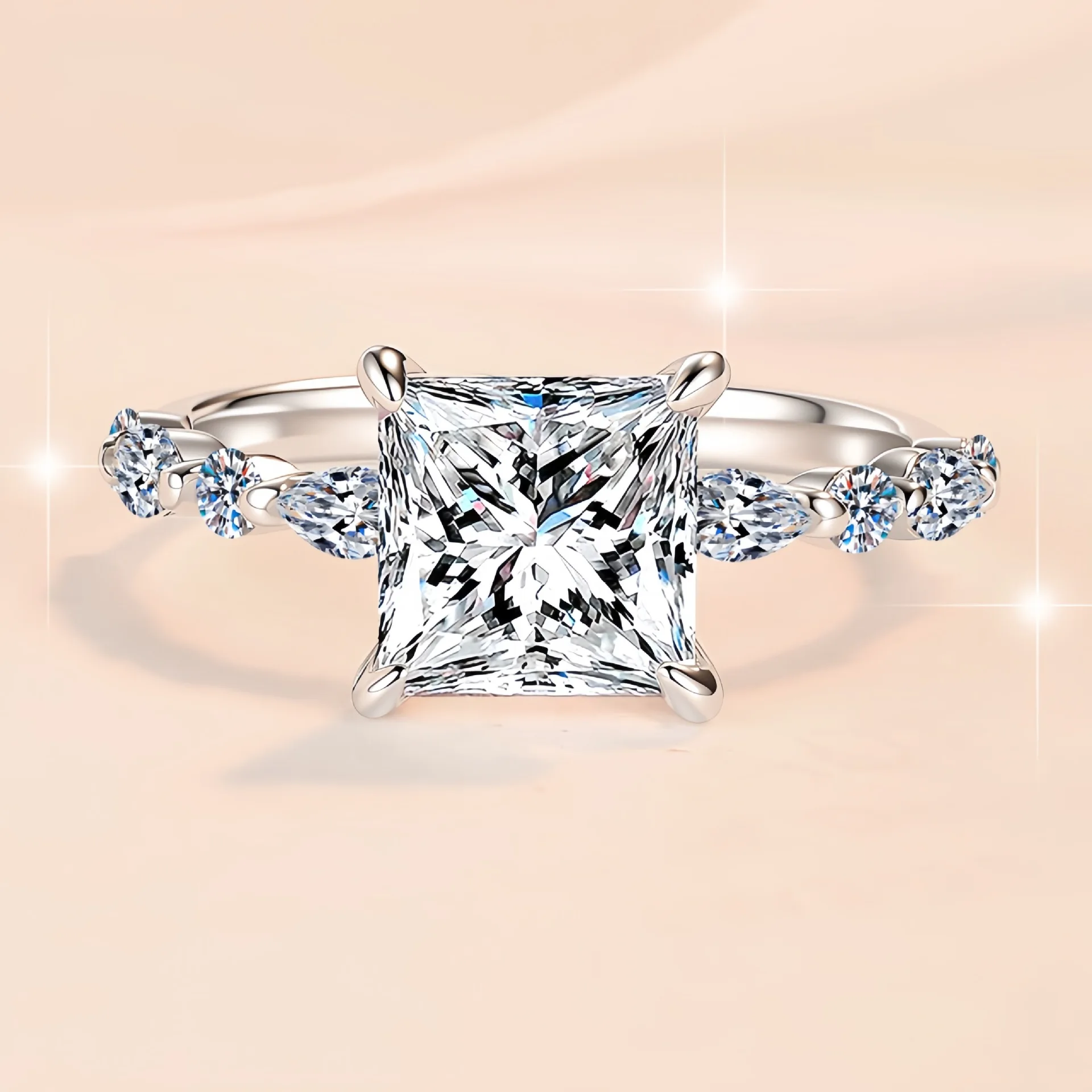 New 2 carat princess square cut moissanite ring horse eye small diamond light luxury fashion s925 silver ring