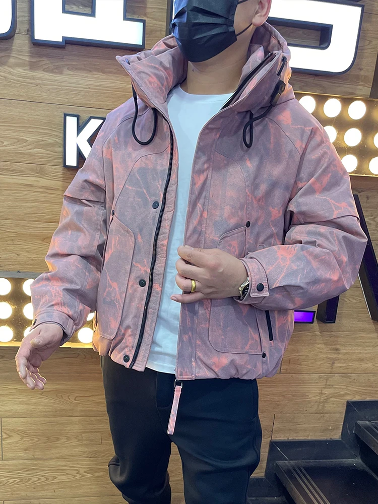 

Trendy Tie-Dye Print down Jaet Men's Winter Thiened Hooded Top Couple Sle Warm White Du down Outerwear