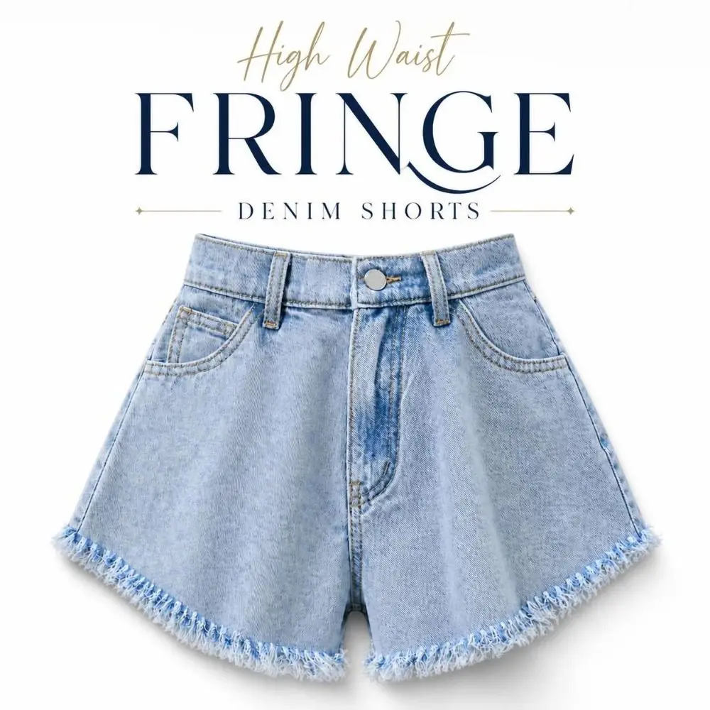 Trendy High Waist Fringe Denim Shorts Flared Loose Fit Frayed Jean Shorts Breathable Solid Color Women Cutoff Shorts Beach