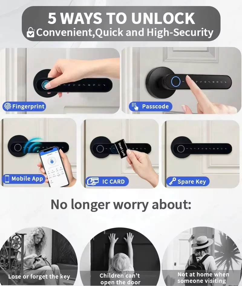 TTLock Smart Digital Door Lock, 5 Ways Keyless Entry: Fingerprint, Anti-Peep Virtual Password, RFID IC Card, Bluetooth APP Remote Unlock & Mechanical Key, 12 Months Long Standby Security Lock for Home, Apartment, Airbnb, Hotel Office - view 3