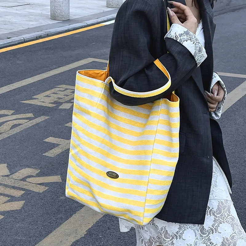 

Striped Canvas Bag Double Sided Use Large Capacity Women Shoulder Bag Casual Commute Tote Bag