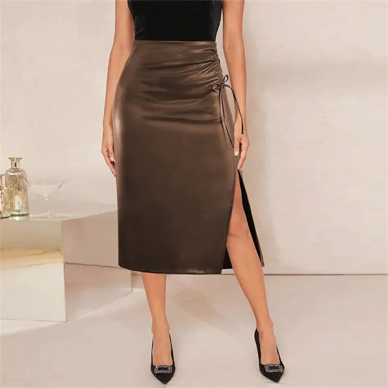 Women PU Leather Black Midi Skirt Autumn Winter Ladies Package Hip Slit Pencil Midi Skirt High Waist Korean Nightclub Streetwear