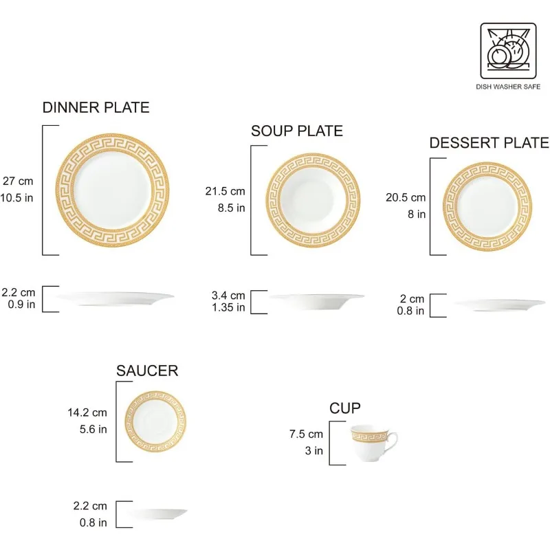 طقم أواني طعام مأدبة مكون من 57 قطعة مفتاح يوناني ذهبي - خدمة طعام فاخرة لأدوات المائدة لـ 8 أشخاص