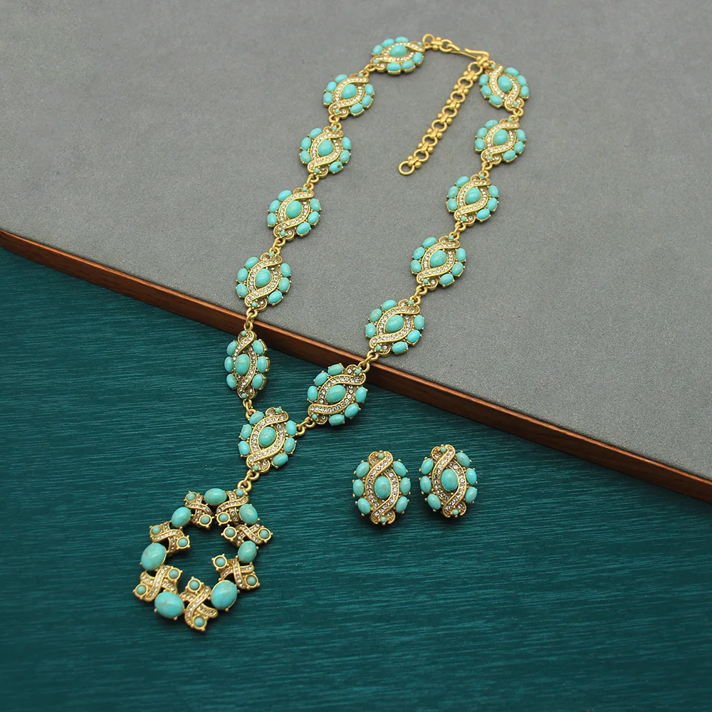 Turquoise necklace medieval suit earrings retro distressed earrings long necklace pendant