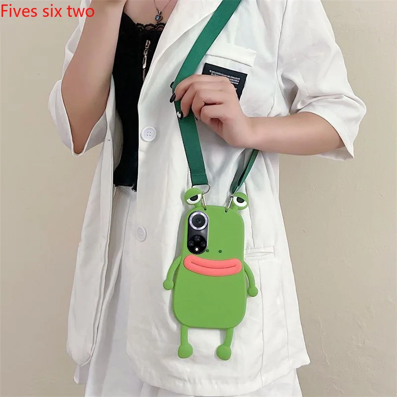 3D Cute Frog Strap Lanyard Case For Huawei P70 P60 P50 P40 P30 P20 Lite Y9S Mate 20 Nova Y61 11i 8i 7i 3i 5T 9SE 10SE Soft Cover