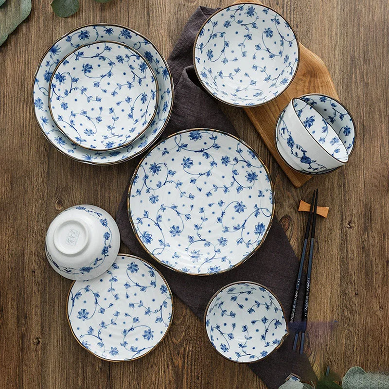 Creative Ceramic Plate Blue and White Porcelain Desktop Fruit Salad Dish Hotel Dinner Set Plates and Dishes Kitchen Cutlery