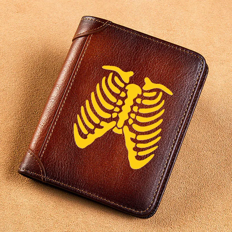 High Quality Genuine Leather Men Wallets Golden Steampunk Rib Skeleton Short Card Holder Purse Trifold Men's Wallet BK3834