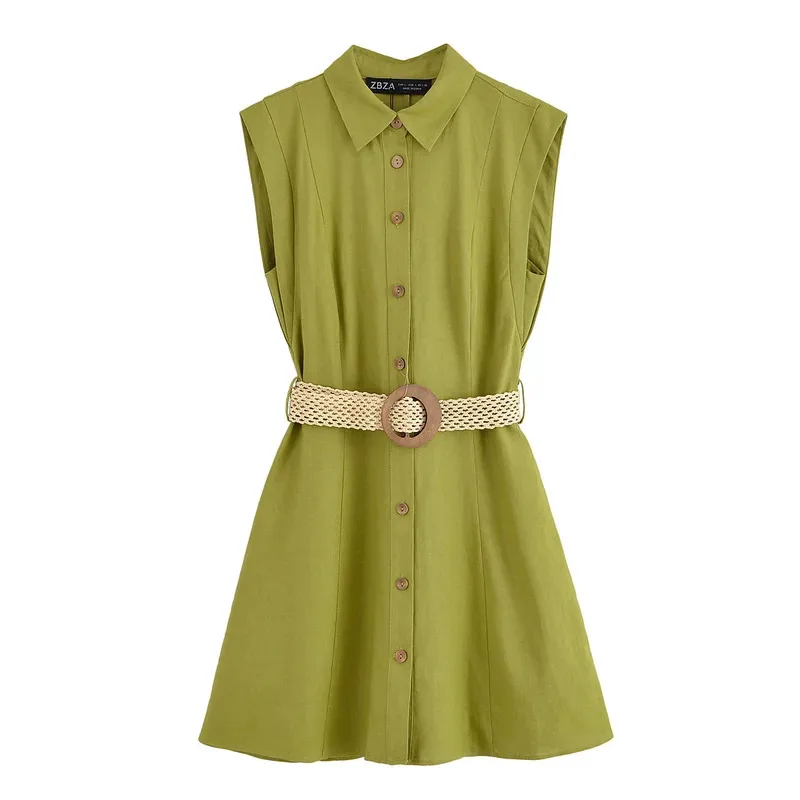 

Women's Summer Retro Belted Vest Short Dress Casual Sleeveless Army Green Holiday Elegant Commuter Fashion