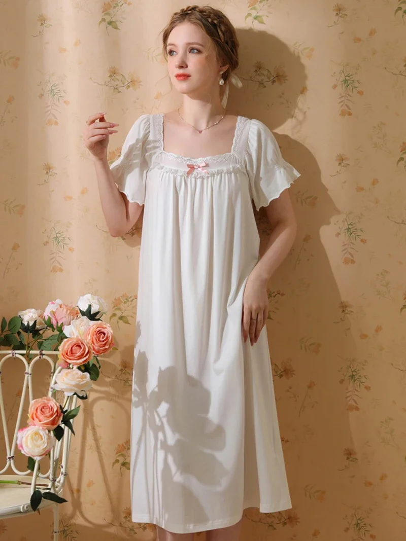 

Women Summer Short Sleeve Nightdress French Vintage Princess Pajama Sweet Girls Lace Cotton Victorian Fairy Nightgowns Sleepwear