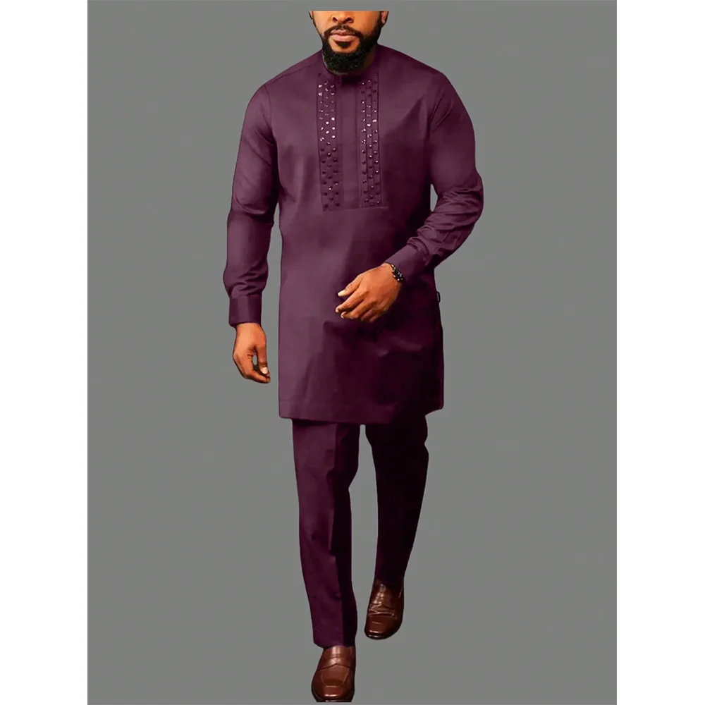 New Kaftan two-piece men's suit round neck elegant long sleeved slim fit shirt men's full suit ethnic traditional clothing