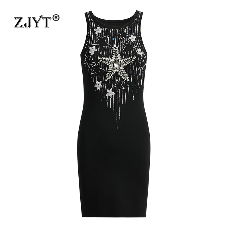 

ZJYT Women's Luxury Beading Knitting Sweater Dresses Summer Vestidos De Fiesta Sleeveless Bodycon Mini Tank Dress Black Robe