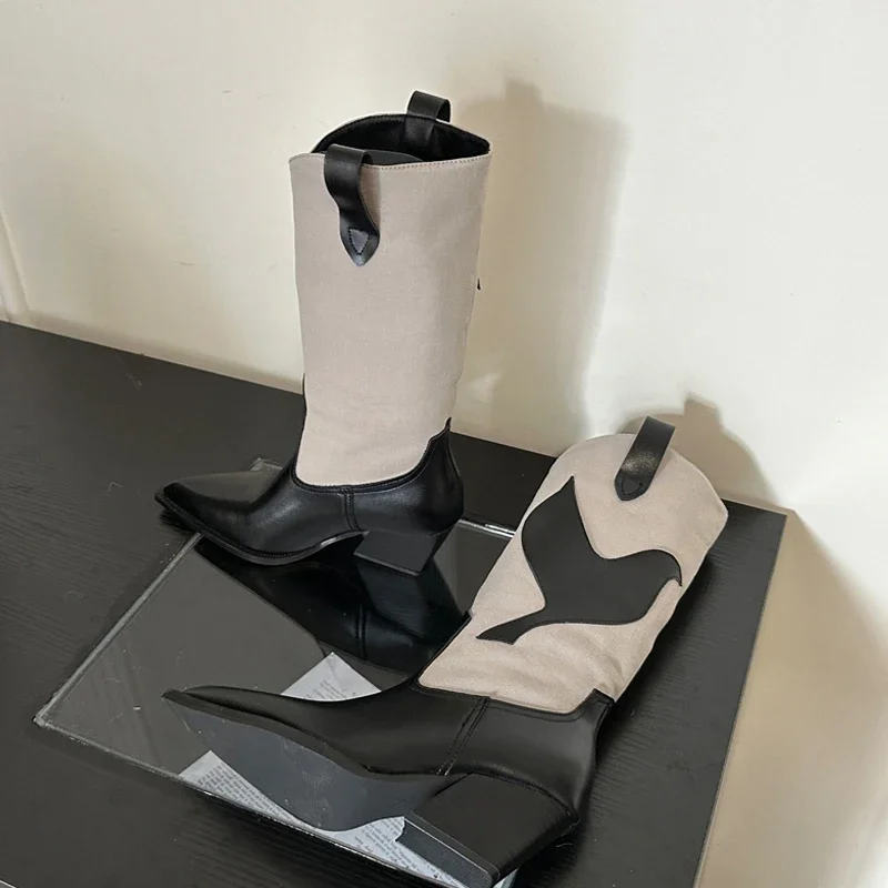 Eilyken Street Style Fashion Pointed Toe Square High Heels Mid-Calf Women Boots Female Shoes Western Chelsea Botas Mujer