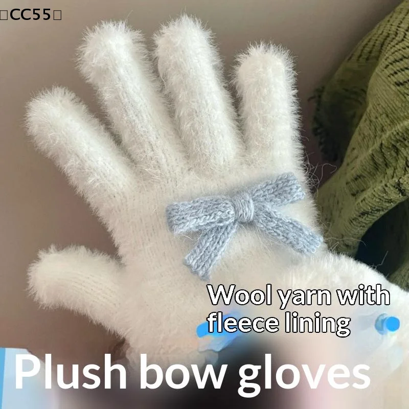 

10.00CC55larlaслов Bow Pom-pom Плюшевые перчатки Холодостойкие перчатки Студенческие зимние теплые перчатки с пятью пальцами Женские модные аксессуары Рождественский подарок