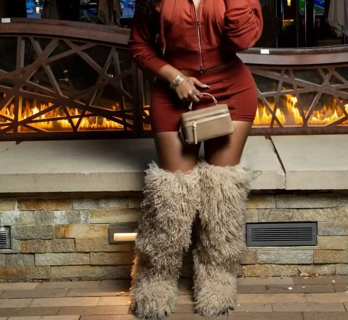 

72cm Popular Winter Lamb Skin Snow Boots Long Hair Faux Mongolian Sheep Fur Boots Cover