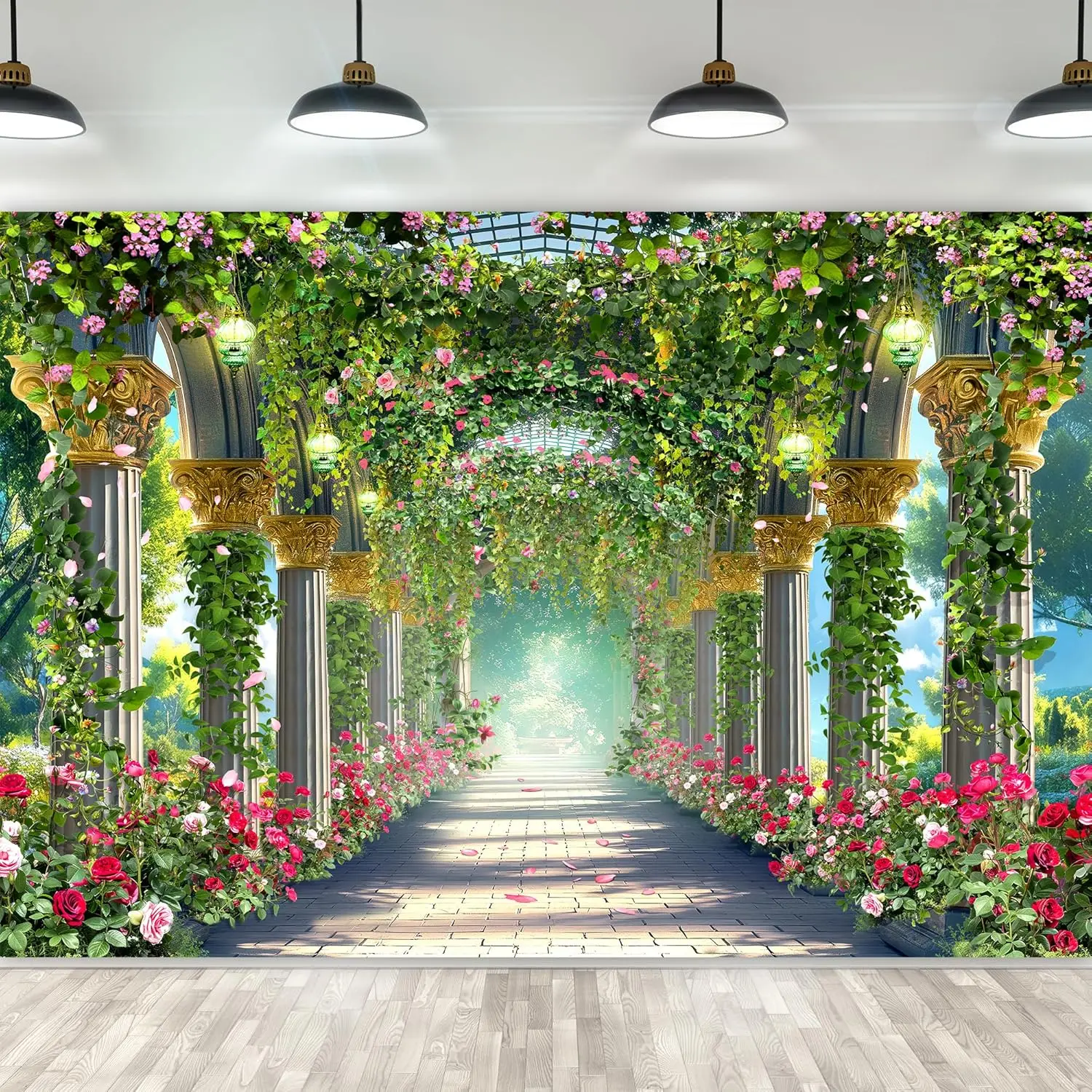 Enchanted Garden Flower Photography Backdrop Rose Fairy Tale Wonderland Greenery Roman Arch Fantasy Photo Shoot Background