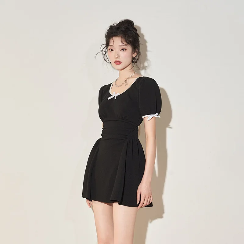 Women's Split Flat Angle Swimsuit New Monochromatic Skirt Style Belly Fresh High Collar Short Sleeve Student Hot Spring Suit