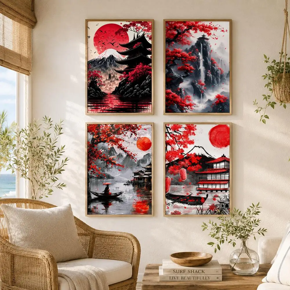 Japanese Fuji Temple Sunset Painting Calligraphy High-Quality Canvas Wall Mural Crease-Free for Living Room Bedroom Interiors