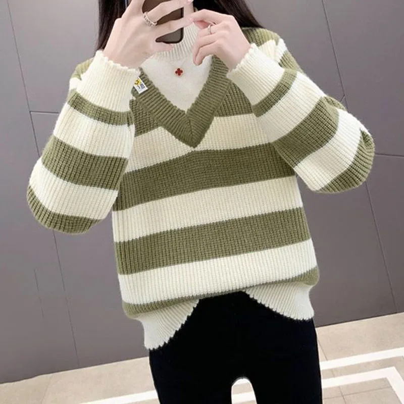 

New Autumn/Winter Fashion Splice Fake Two Piece Striped Half High Neck Loose Versatile Commuter Knitted Long Sleeve Sweater