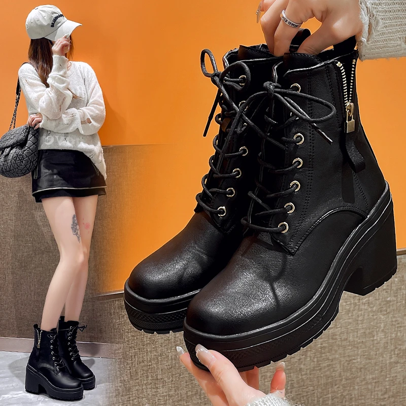 Новинка 2023 года, женские черные ботильоны на платформе и массивном каблуке, кожаные модные повседневные уличные ботинки на шнуровке с боковой молнией, осень-зима