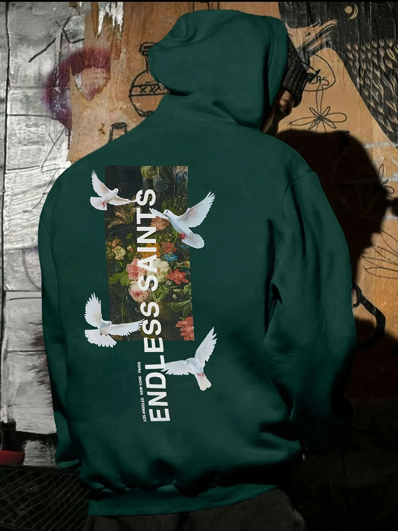 Men Fleece Hoodie Vintage Floral Oil Painting White Dove ENDLESS SAINTS Vertical Text Back Print Street Pullover