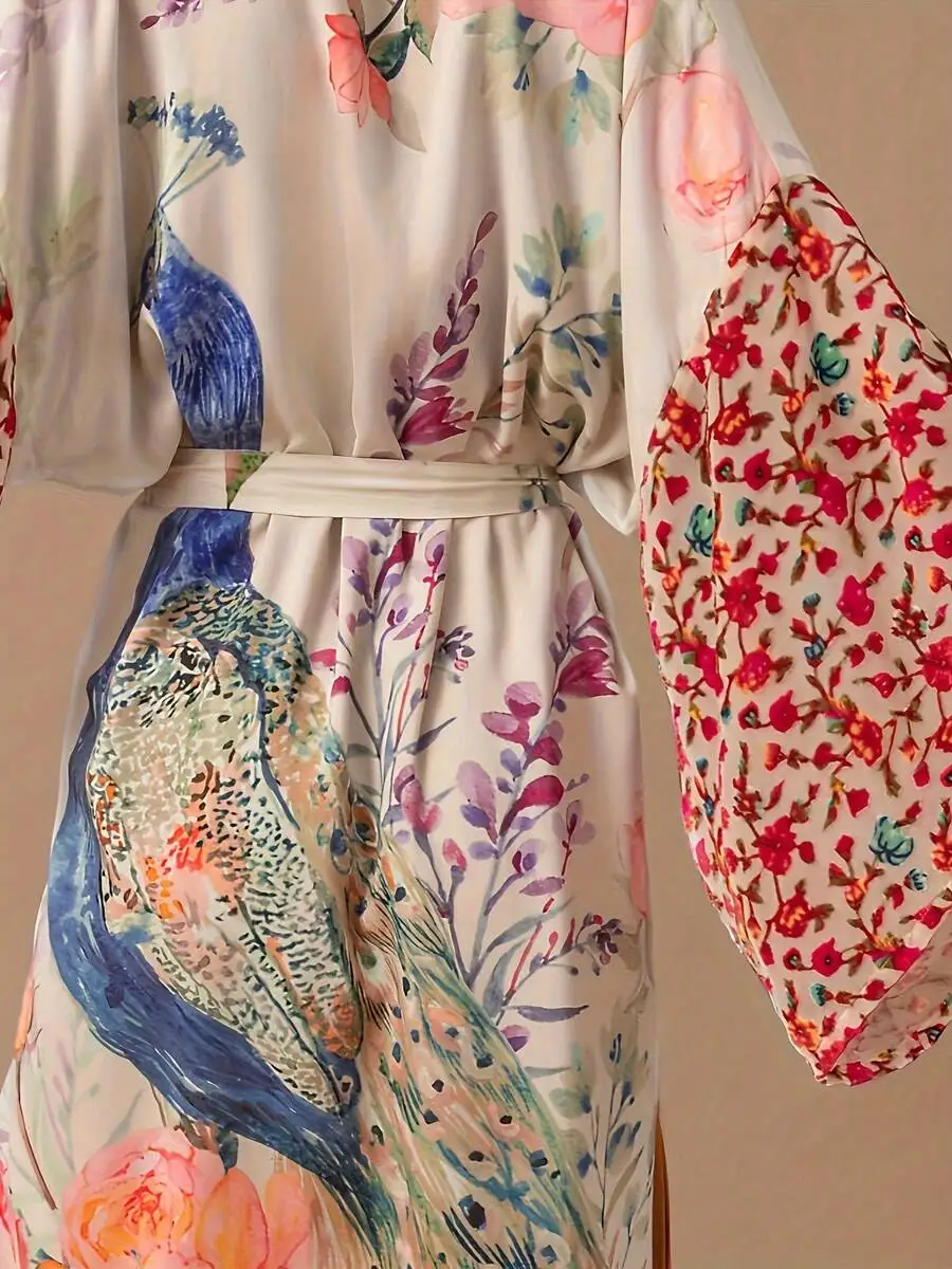 

Womens Peacock Floral Print Long Sleeve Open Robe With Waist Belt Homewear