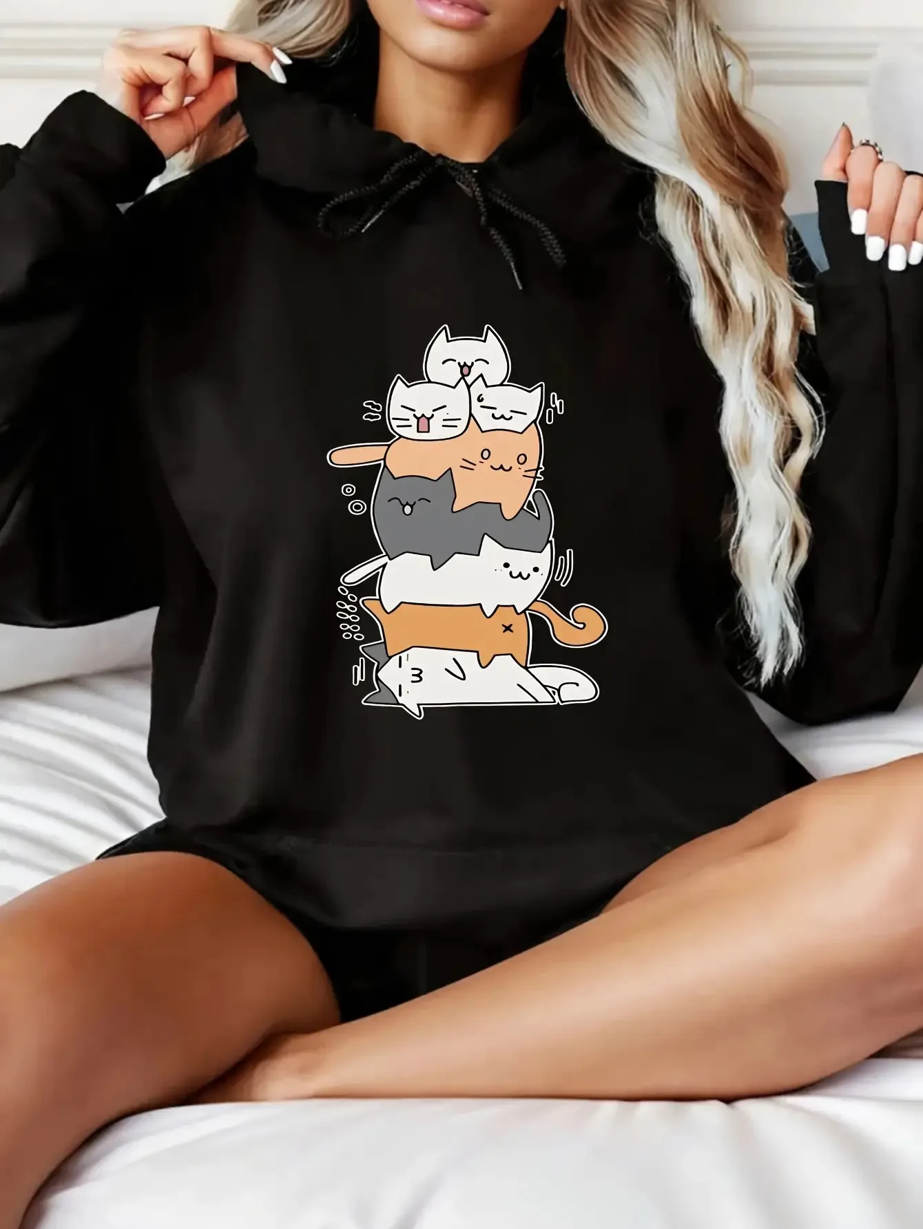 

Women'S Cute Cat Graphic Hoodie - Soft Pullover Sweatshirt with Front Pocket, Cozy Long Sleeve Hooded Sweater for Everyday