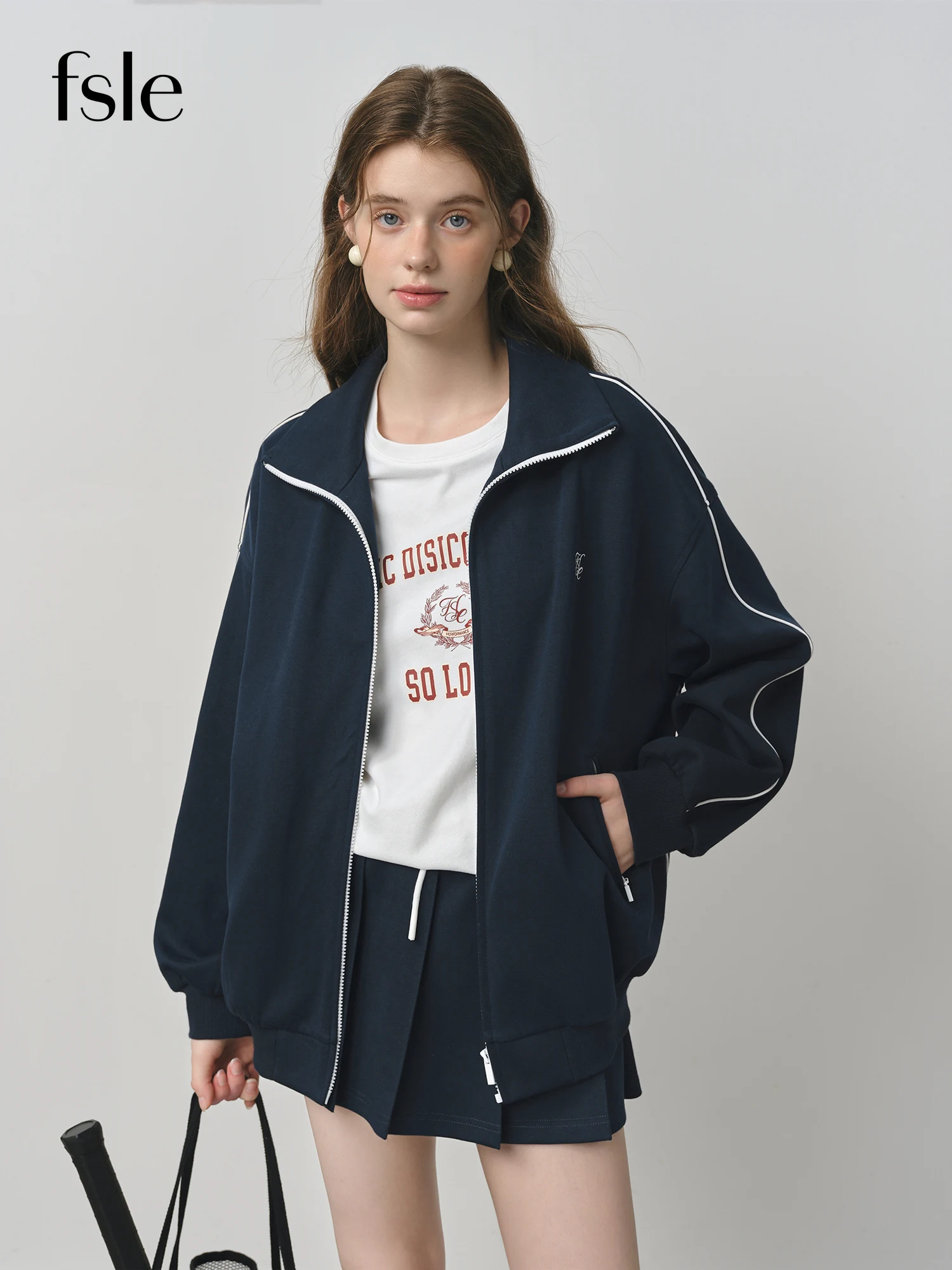 

FSLE College Style Sweater Suit for Women 2025 Autumn New Style Stand Collar Short Jacket Pleated Skirt 25FS13154+25FS13155