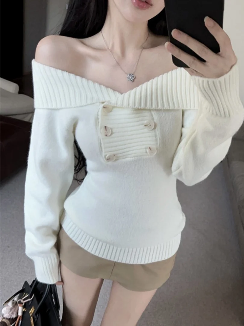 Pure Desire Sweet Spicy Shoulder Bared Knitted Long Sleeve Women's Base Layer Shirt Autumn Winter Design Beautiful Long Sleev...