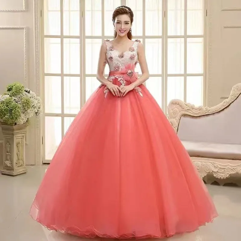 

Women's New V-neck Embroidered Colorful Yarn Evening Dress Fashionable Slimming Stage Puffy Skirt Singing Art Exam Long Dress
