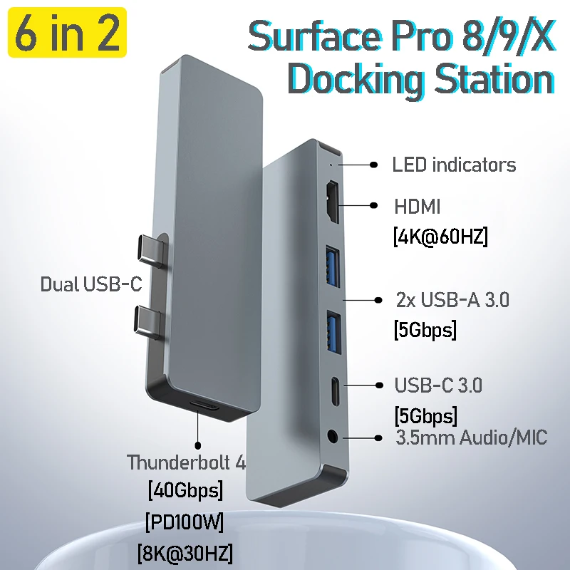 Imagem -03 - Carregador Duplo Usb-c Thunderbolt 8k 30hz 40gbps para Microsoft Surface Pro Hub Surface Pro Docking Station hd Surface Pro x