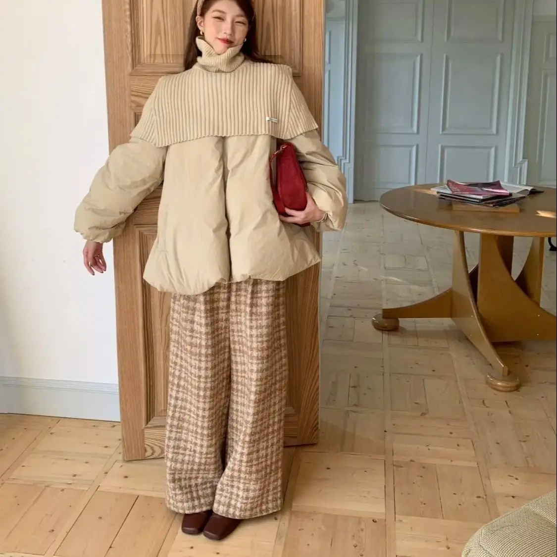 Retro Plaid Wide-Leg Pants New Korean Vintage Wide-Leg Pants In Winter 2024 New Loose Casual Full Length Trousers Women