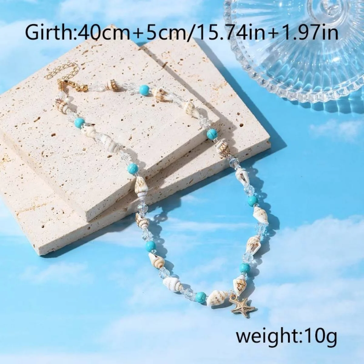 Metall-Seestern-Muschel-Anhänger-Halskette für Damen und Herren, Kristall-Reisperlen-Choker, Bohemian-Strandurlaub, Sommerparty-Schmuck – Detail 32