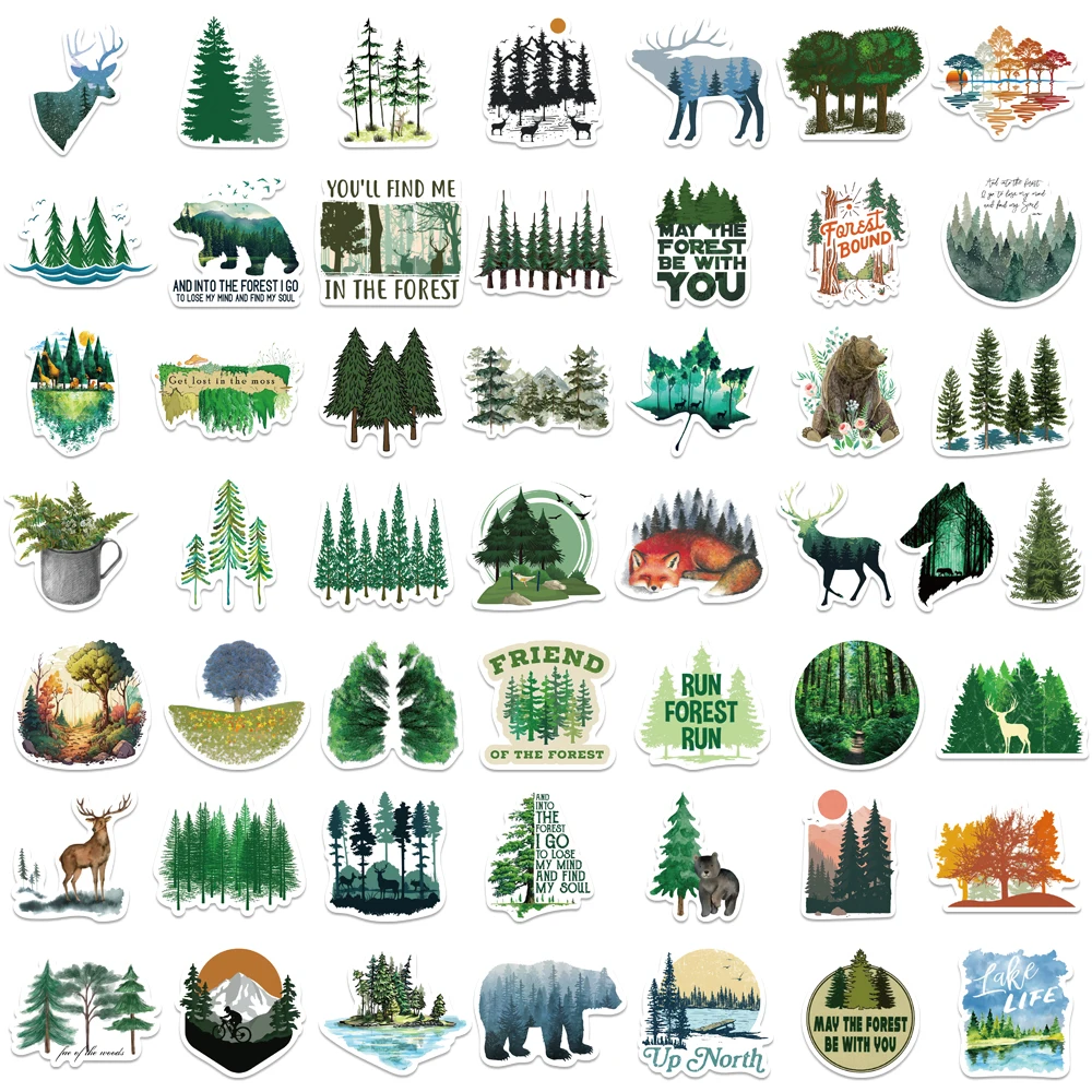 50 Stück Waldtier-Aufkleber, wasserfest, Vinyl, Hirsch, Bär, Kiefer, Natur, Aufkleber zum Selbermachen, für Laptop, Wasserflasche, Gepäck, Skateboard