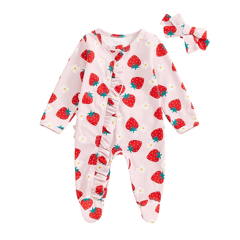 

Baby Girls Outfit, Long Sleeve Strawberry Flower Butterfly Print Frills Zipped Footies Jumpsuit and Headband Fall Clothes