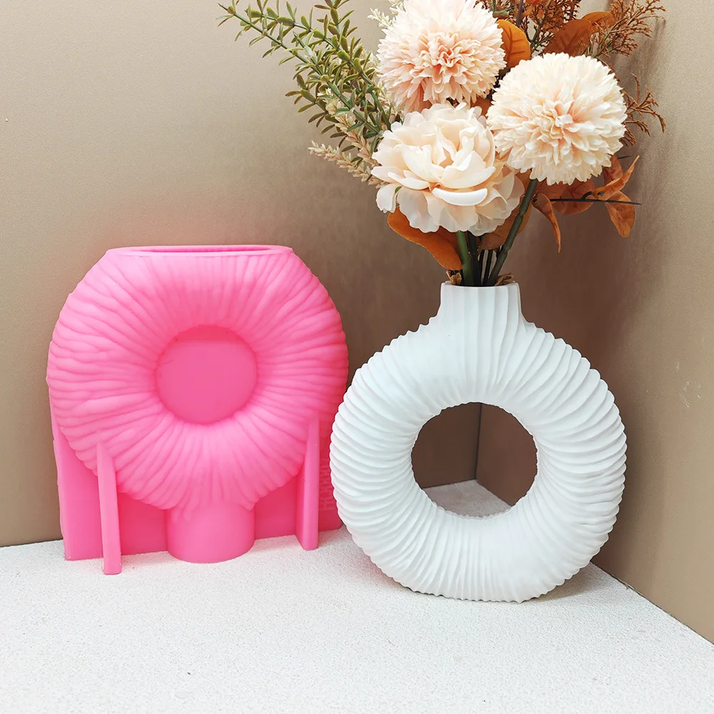Circle Vase Silicone Mould Pleated Unique Hollow Vase Silicone Concrete Mold Decorative Ornament Molds