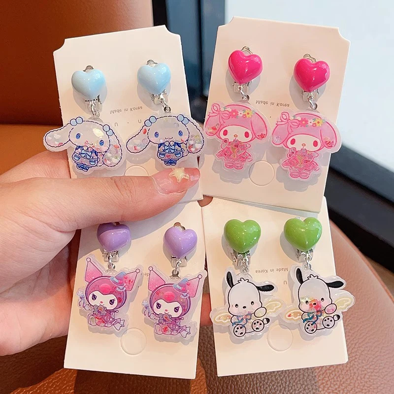 1Pair Sanrio Cute Kuromi Hello Kitty Melody Pochacco Drop No Piercing Pendant Ear Clip Sweet Earrings For Girls Ear Jewelry