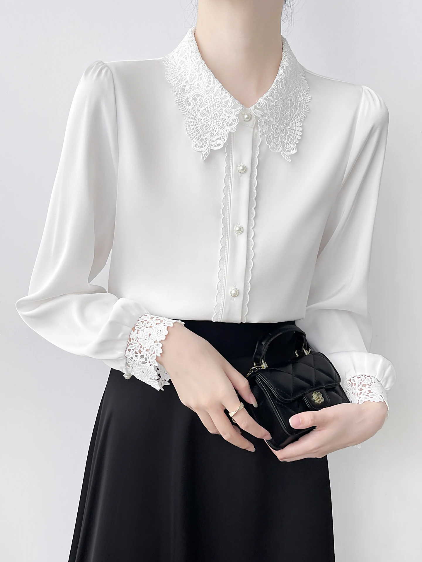 

Ele White Lace Hollow out Patchwork Silk irt Long Sve Turn-down Collar Commute Profional Interview Women's irt