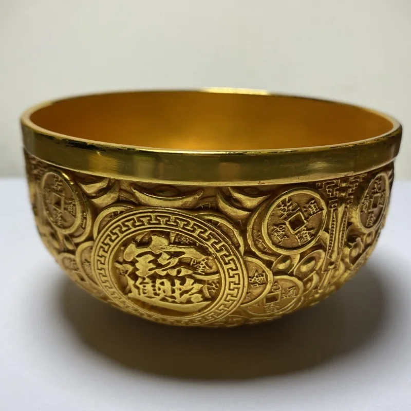 Antique Style Pure Copper Gilt Qing Dynasty Qianlong Tongbao Copper Coin Gold Bowl Treasure Basin Relief Coin Bowl Handicraft Or