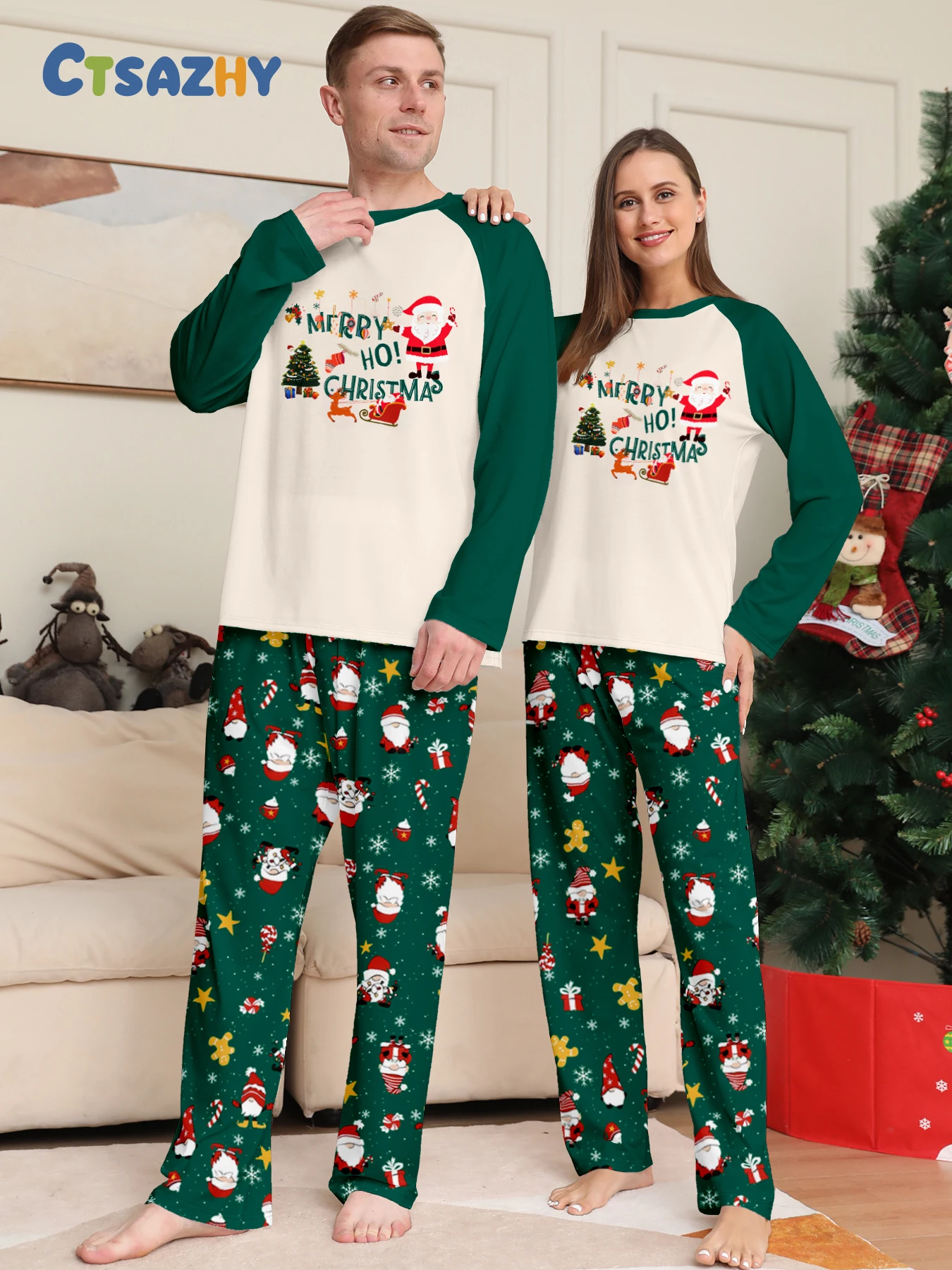 

Рождественский пижамный комплект для пар: топы реглан с надписью «MERRY HO!» РОЖДЕСТВЕНСКИЕ И Санта-Клаус с принтом, брюки с праздничным рисунком