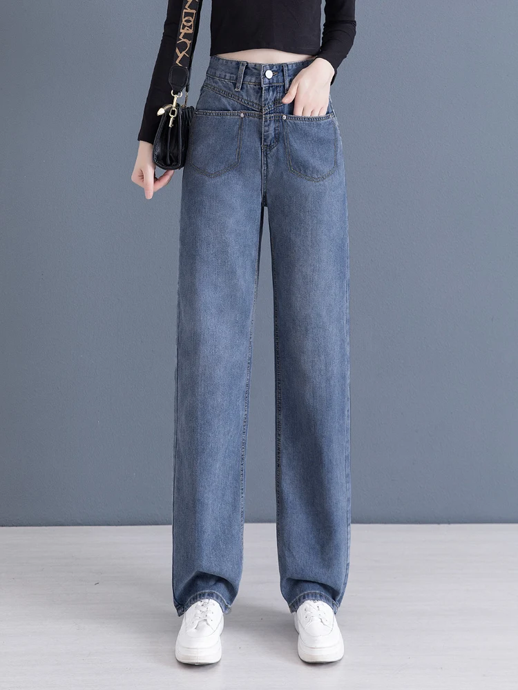 

Джинсы с высокой талией и широкими штанинами, женские свободные повседневные брюки, прямой крой, весна-осень, новый стиль, корейский стиль, для офиса и повседневной носки