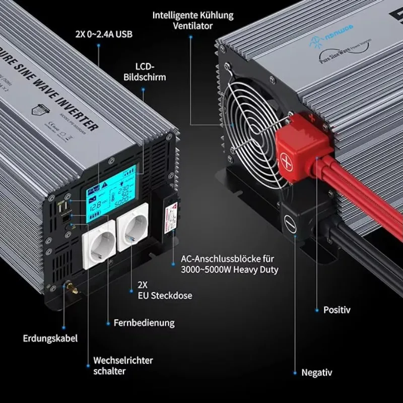 12V to 230V Inverter with AC Hard Wire Terminals, Large LCD Screen, 5000W Pure Sine Wave Voltage Converter