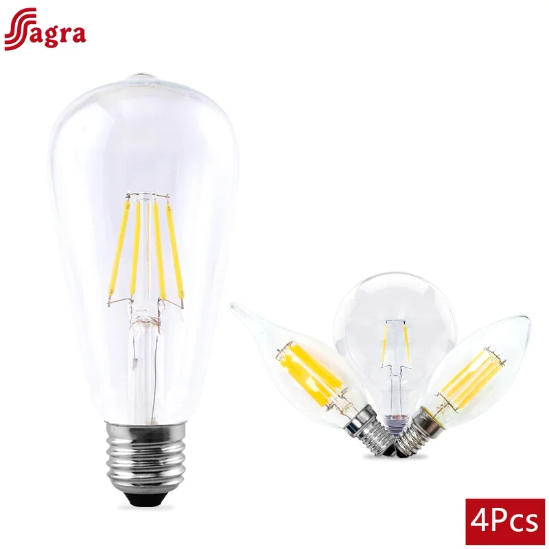 

4Pcs E14 LED Bulb E27 AC220 2W 4W 6W 8W Filament Light C35 G80 G95 Edison Glass Bulb Retro Antique Vintage Style Cold White Warm