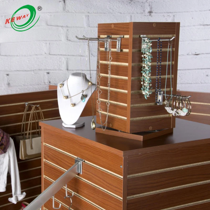 Custom.HIKUYA MDF Rotated Slatwall Display Stand With Metal 4 Side  Rotating Display Stand Counter Display  for Shopping Store