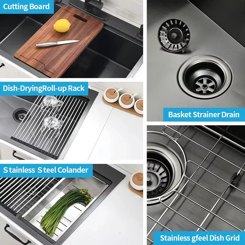 Stainless Steel Single Bowl Kitchen Sink Deck Installation Four Hole Handmade Faucet